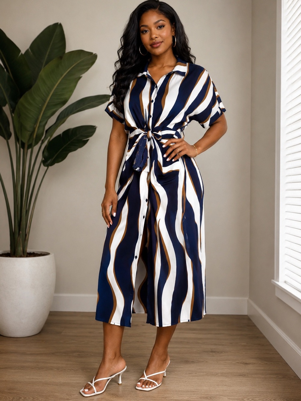 Fashion Nova Navy, White & Brown Wavy Stripe Tie-Front Midi Dress
